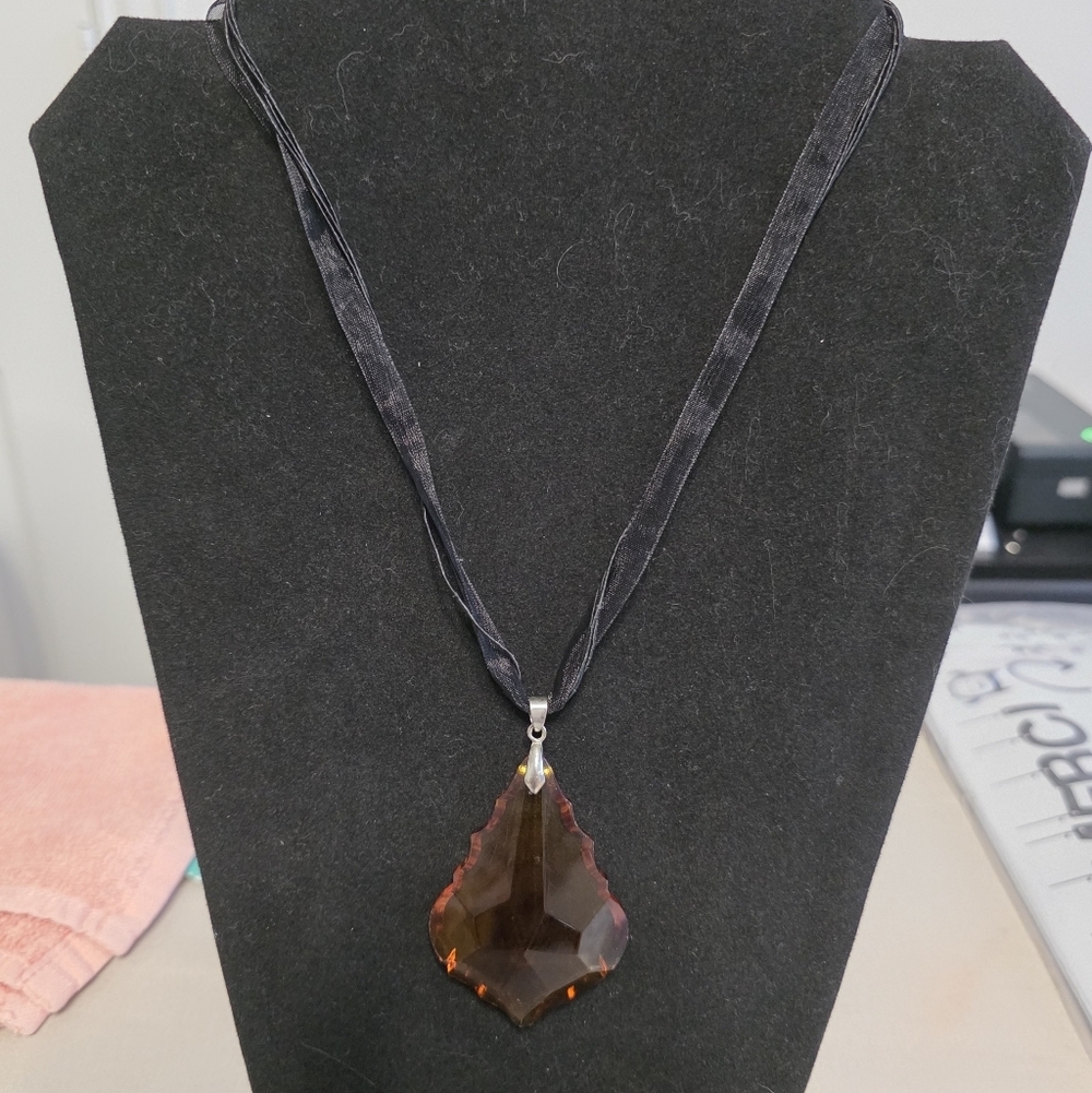 Amber Glass Pendant With Black Ribbon Cord Necklace